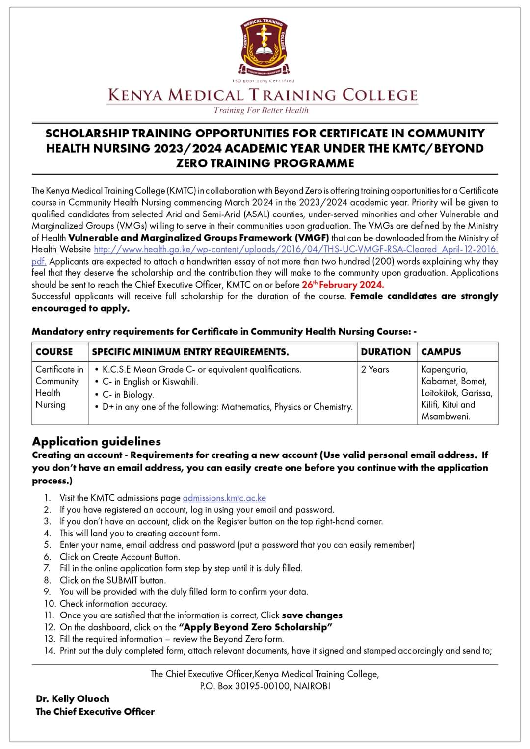 KMTC and Beyond Zero Collaborate to Offer Scholarships in Community Health Nursing.