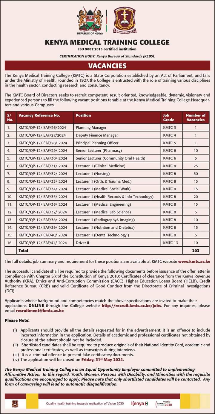 KMTC Job opportunity; 103 Position Available