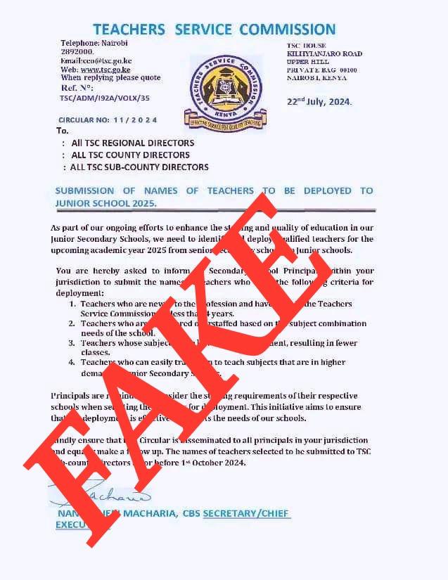 TSC Flags Fake Circular on Teacher Deployment for Junior Secondary Schools in 2025