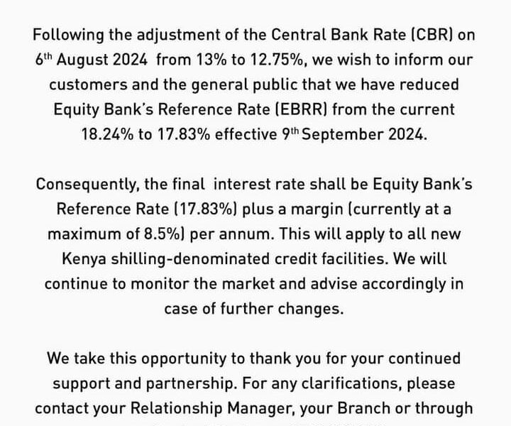 Equity Bank Reduces  Bank Rate Following Central Bank's Move to Lower CBR