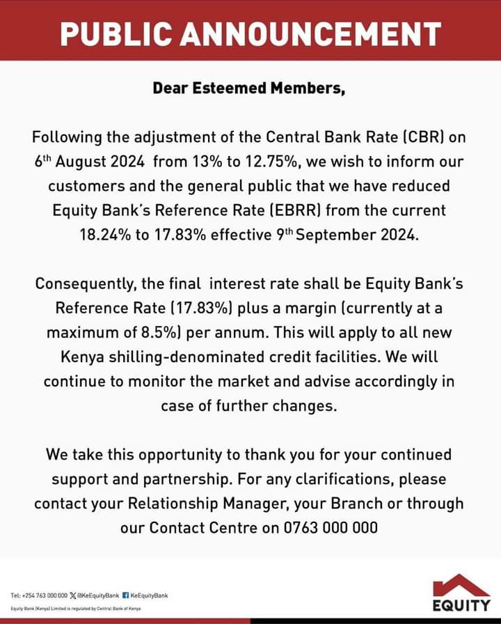 Equity Bank Reduces  Bank Rate Following Central Bank's Move to Lower CBR