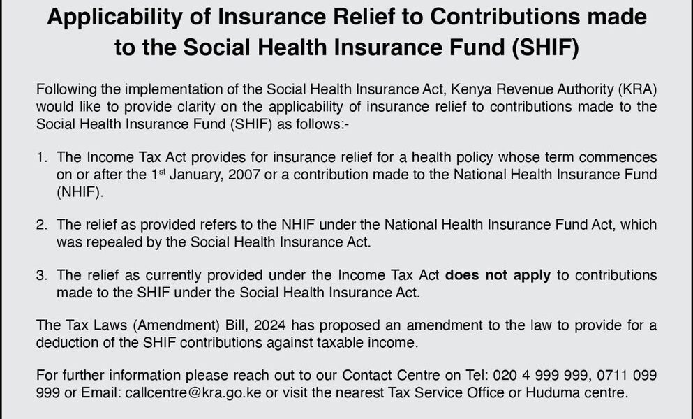 Kenyans Shocked: New Rules Reveal Insurance Relief Won't Cover SHIF Contributions – KRA Explains Why"