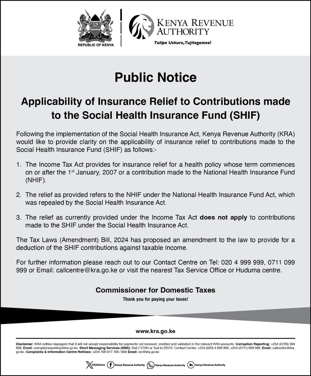 Kenyans Shocked: New Rules Reveal Insurance Relief Won't Cover SHIF Contributions – KRA Explains Why"