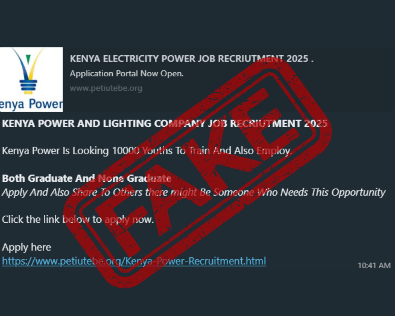 Kenya Power Speaks On Fake Recruitment Alert Circulating Online